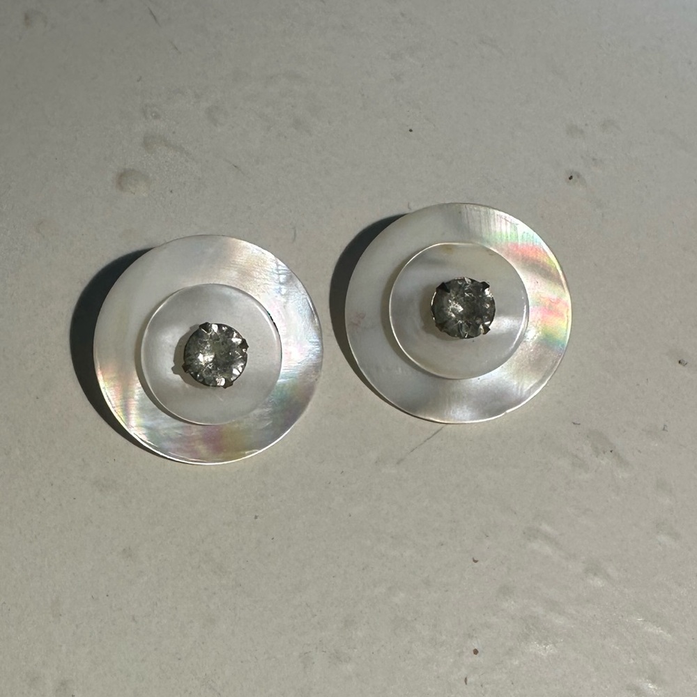 RARE Vintage Mother of Pearl Layered Disc w Rhinestone Clip On Earrings